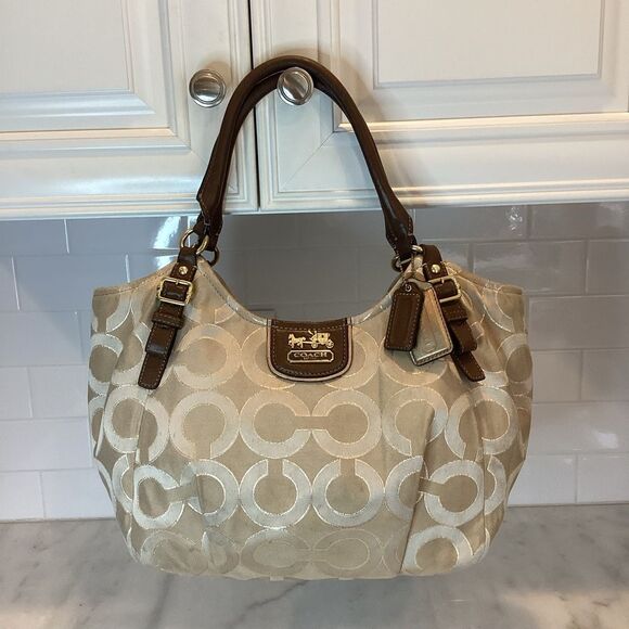 COACH Madison Abigail Op Art w Lurex Gold & Leather Large Satchel Purse Bag - Picture 1 of 15